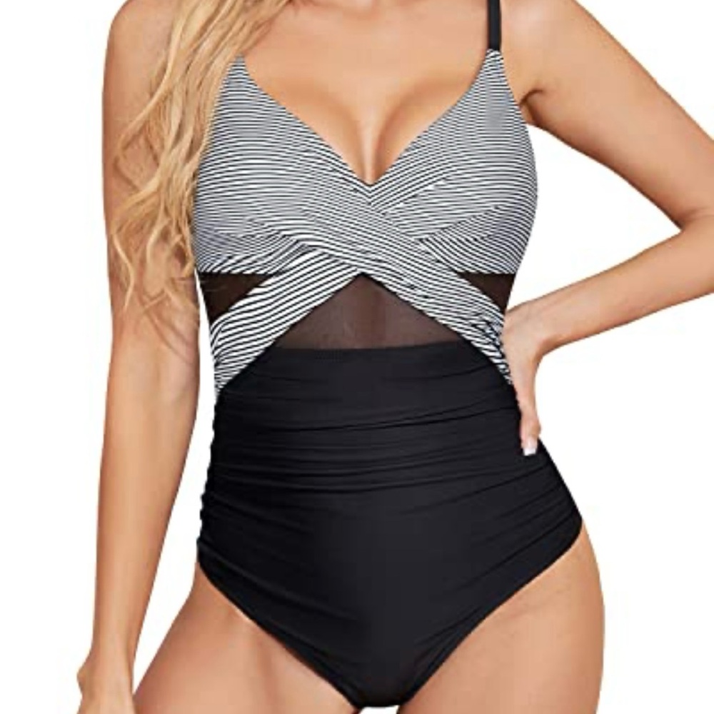 NWT Tempt Me Striped Black and White One Piece Swimsuit